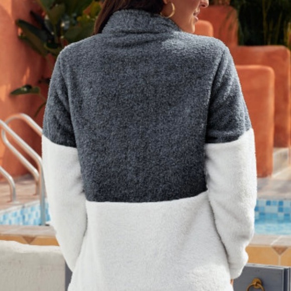 CHARCOAL / WHITE ZIP NECK FLUFFY FLEECE PULLOVER - Picture 4 of 6